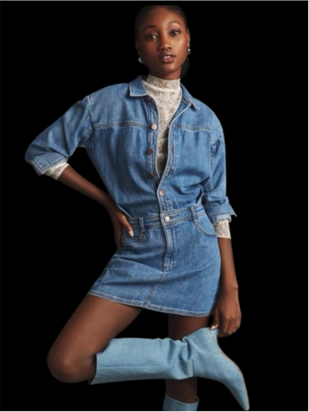 Pilcro Long-Sleeve Denim Micro Mini Shirt Dress Size Medium Blue Anthropologie